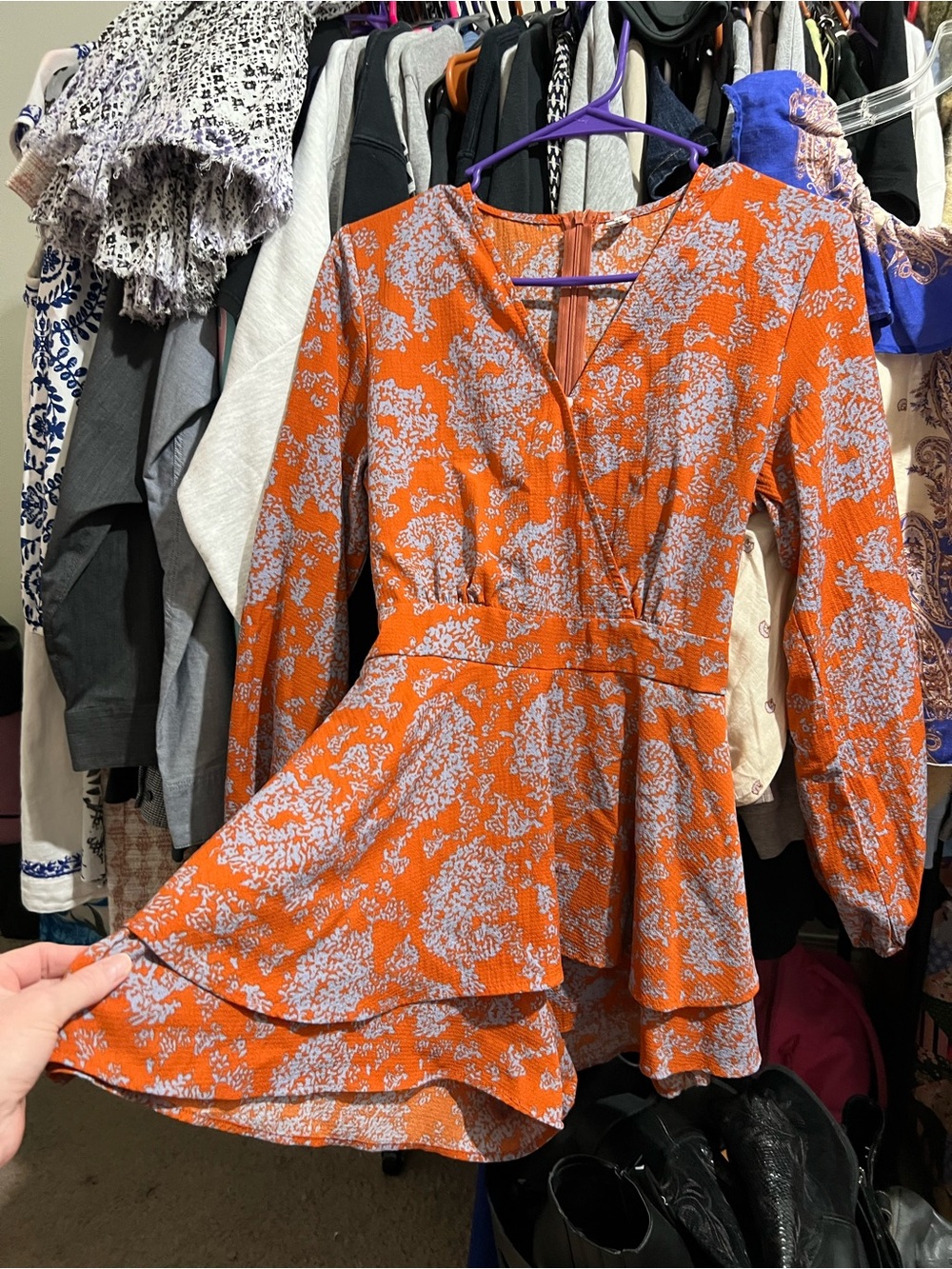 Orange & Lilac /Gray Floral Print Long Sleeve Ruffle Romper